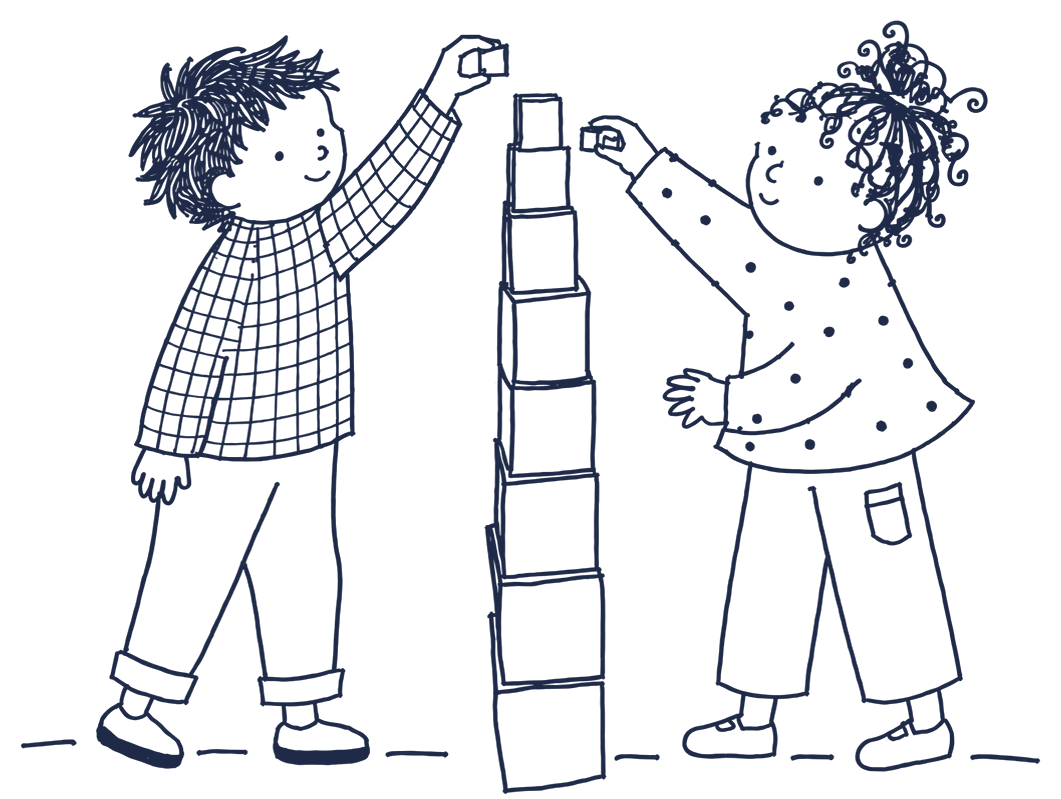 Line drawing of two children building the pink tower